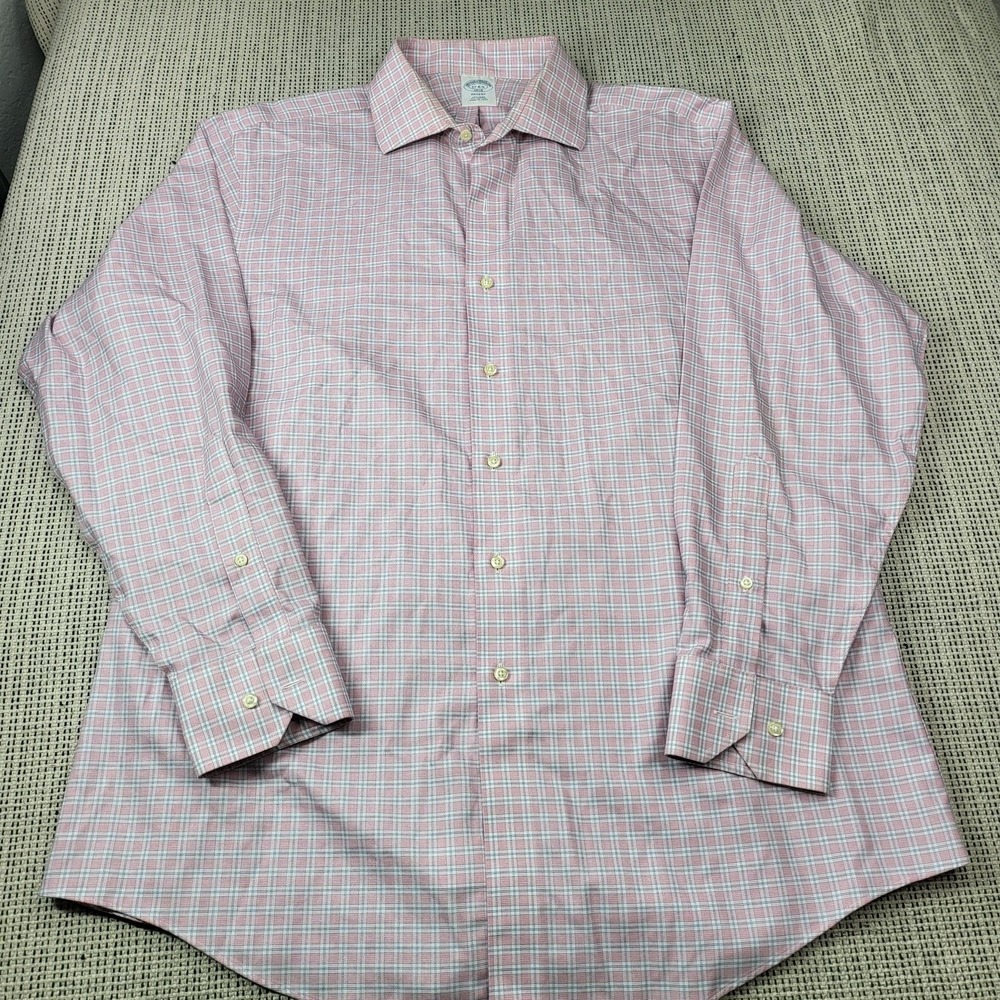 Brooks Brothers Dress Shirt Mens 18 Pink Check Regent Non Iron Long Sleeve